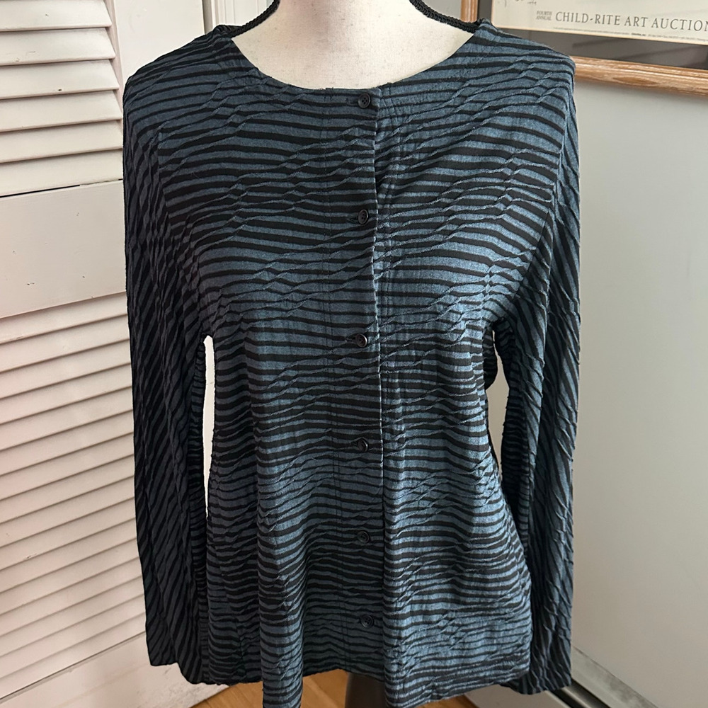 Oska Top Womens 2 Teal Blue Abstract Print Stretch Lagenlook Artsy Boho Chic